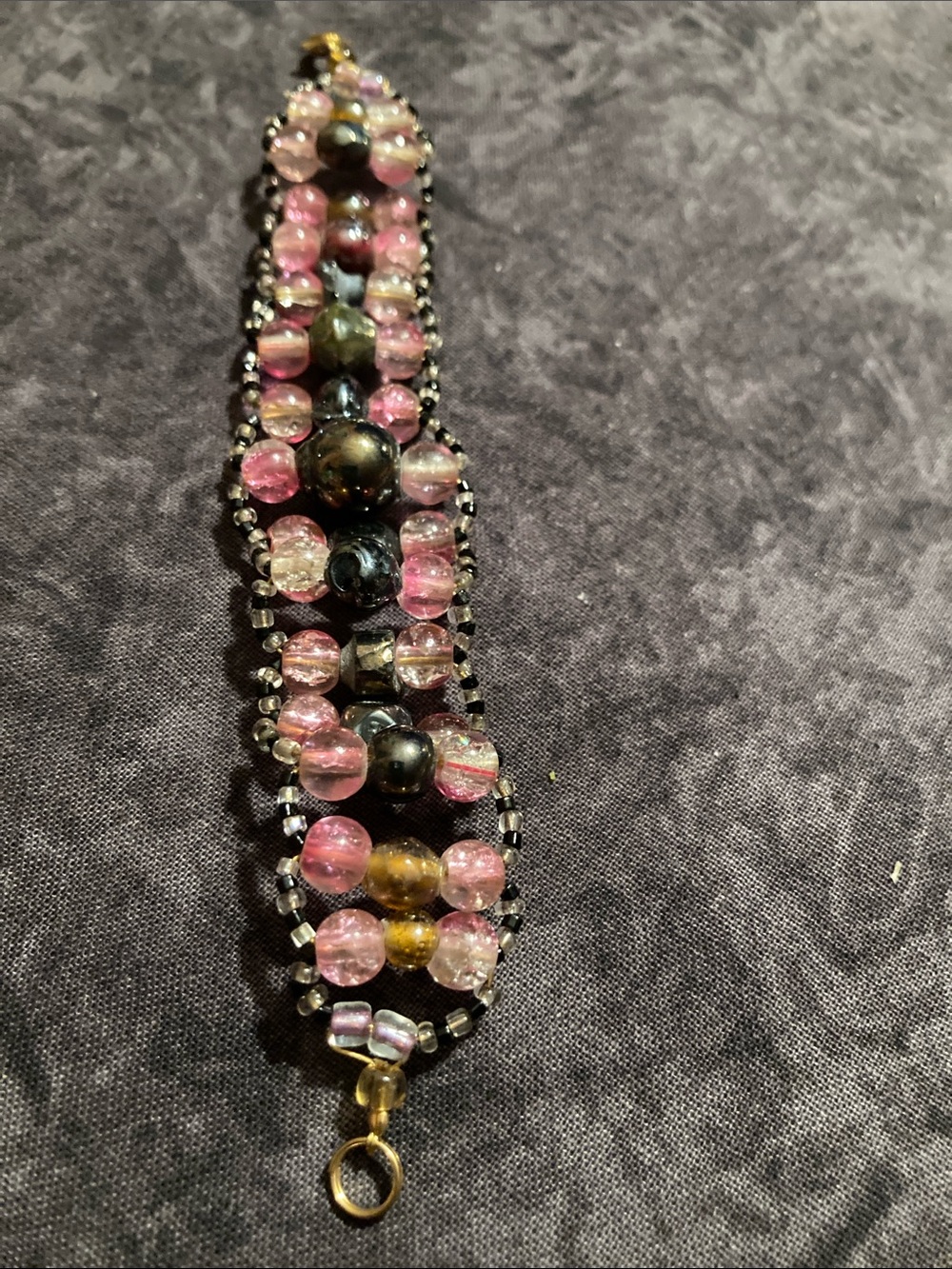 Handmade Bohemian Pink Beaded Bracelet with Black Accents